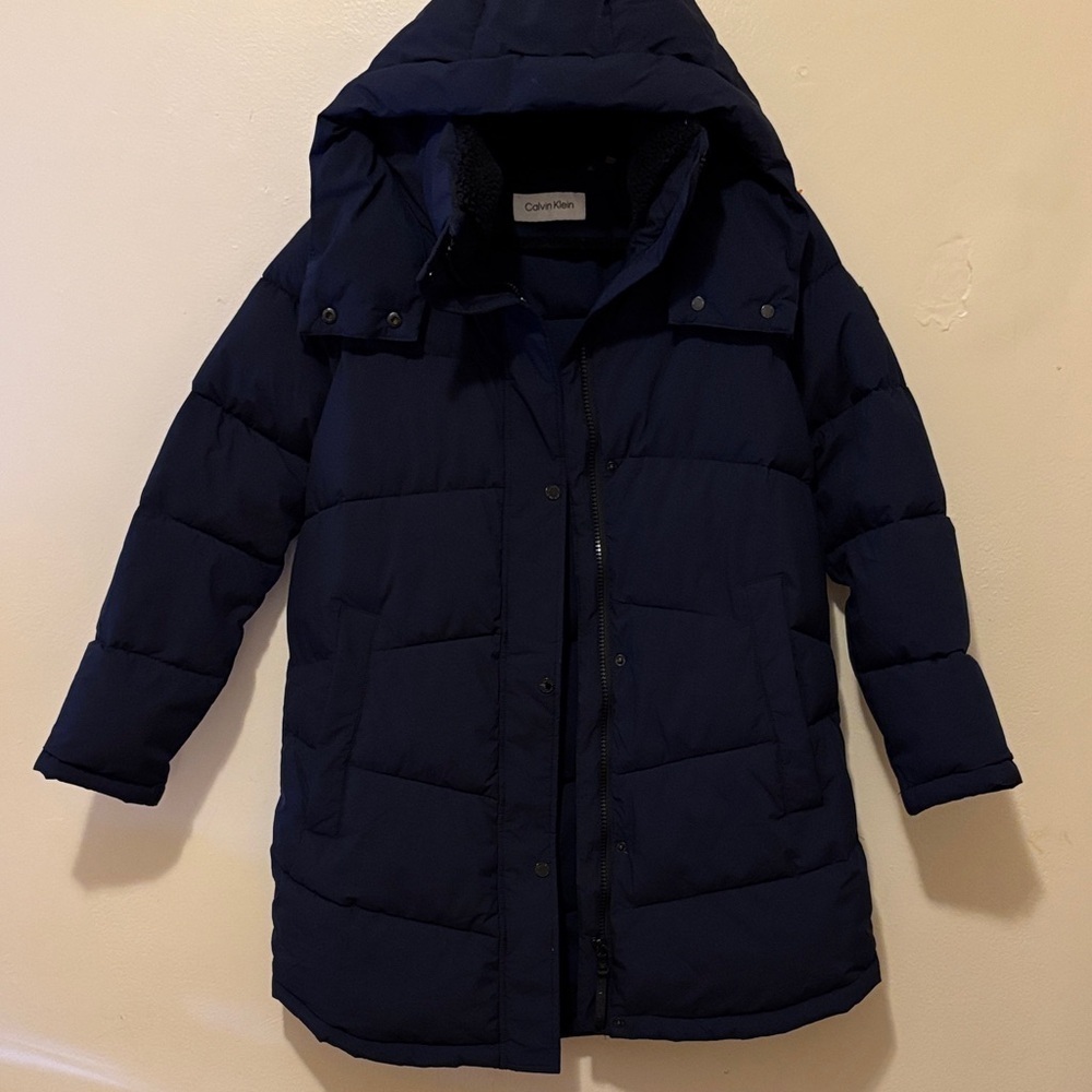 Calvin Klein Dark Blue Hooded Puffer Coat